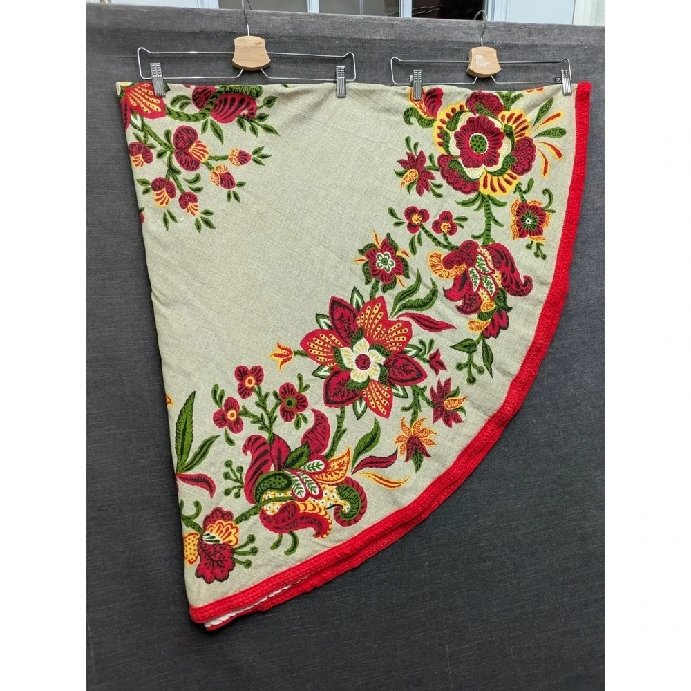 Vtg Tan Linen Stamped Floral Tablecloth Oval Red Crochet Trim Granny Core Boho